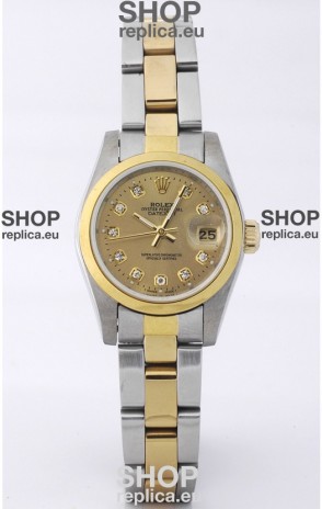 Rolex DateJust - Two Tone Ladies Swiss Replica Watch in Gold Dial