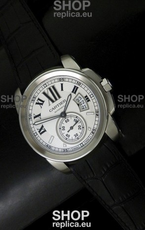 Cartier Calibre de Japanese Replica Steel Watch in Black Leather Strap