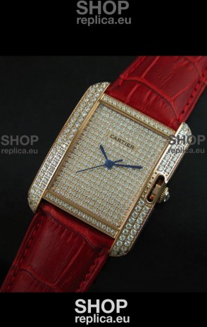 Cartier Tank Anglaise Ladies Replica Watch in Gold Case/Red Strap