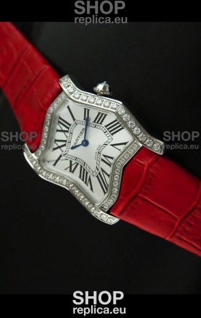 Cartier Tank Folle Ladies Replica Watch in Steel Case/Red Strap