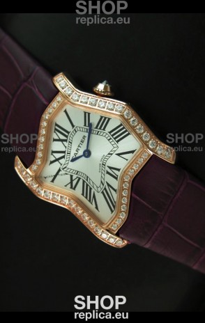 Cartier Tank Folle Ladies Replica Watch in Yellow Gold Case/Maroon Strap