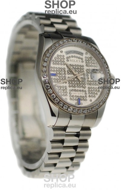 Rolex Day Date Silver Japanese Mens Watch in Diamond Dial