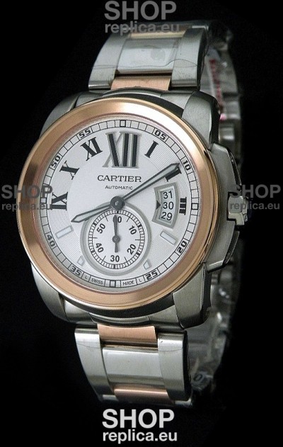 Cartier Calibre de Japanese Replica Rose Gold Watch in White Dial