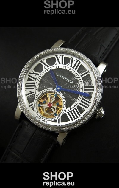 Cartier Ronde de Tourbillon Japanese Replica Diamond Watch in Black Dial