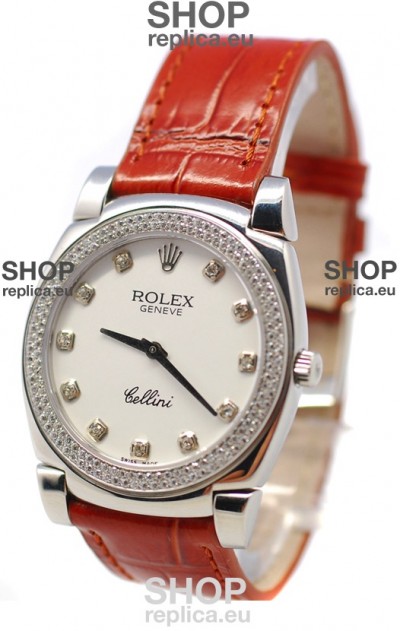 Rolex Cellini Cestello Ladies Swiss Watch White Face Diamonds Bezel and Hour Markers