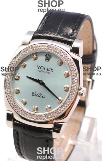 Rolex Cellini Cestello Ladies Swiss Watch in Blue Metalic Face Diamonds Markers