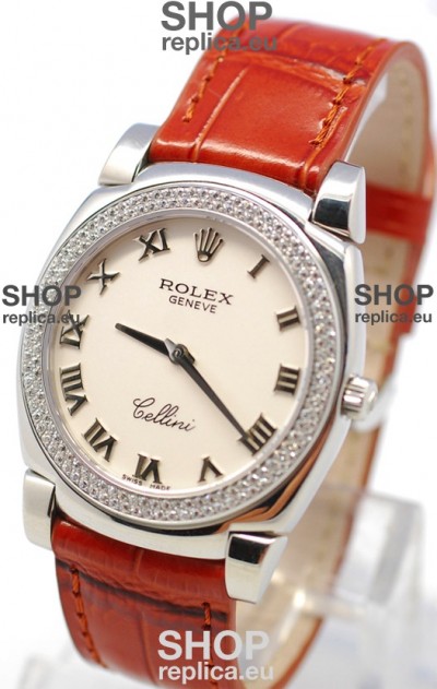 Rolex Cellini Cestello Ladies Swiss Watch White Roman Face Diamonds Bezel