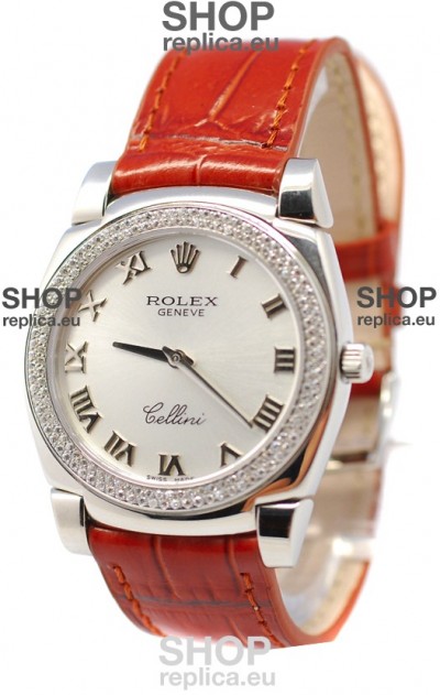 Rolex Cellini Cestello Ladies Swiss Watch Roman Silver Face Diamonds Bezel